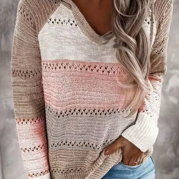 Sweaters - Large - Women's Color block, Hollow Out Long Sleeve, Lace Up Casual Hoodie